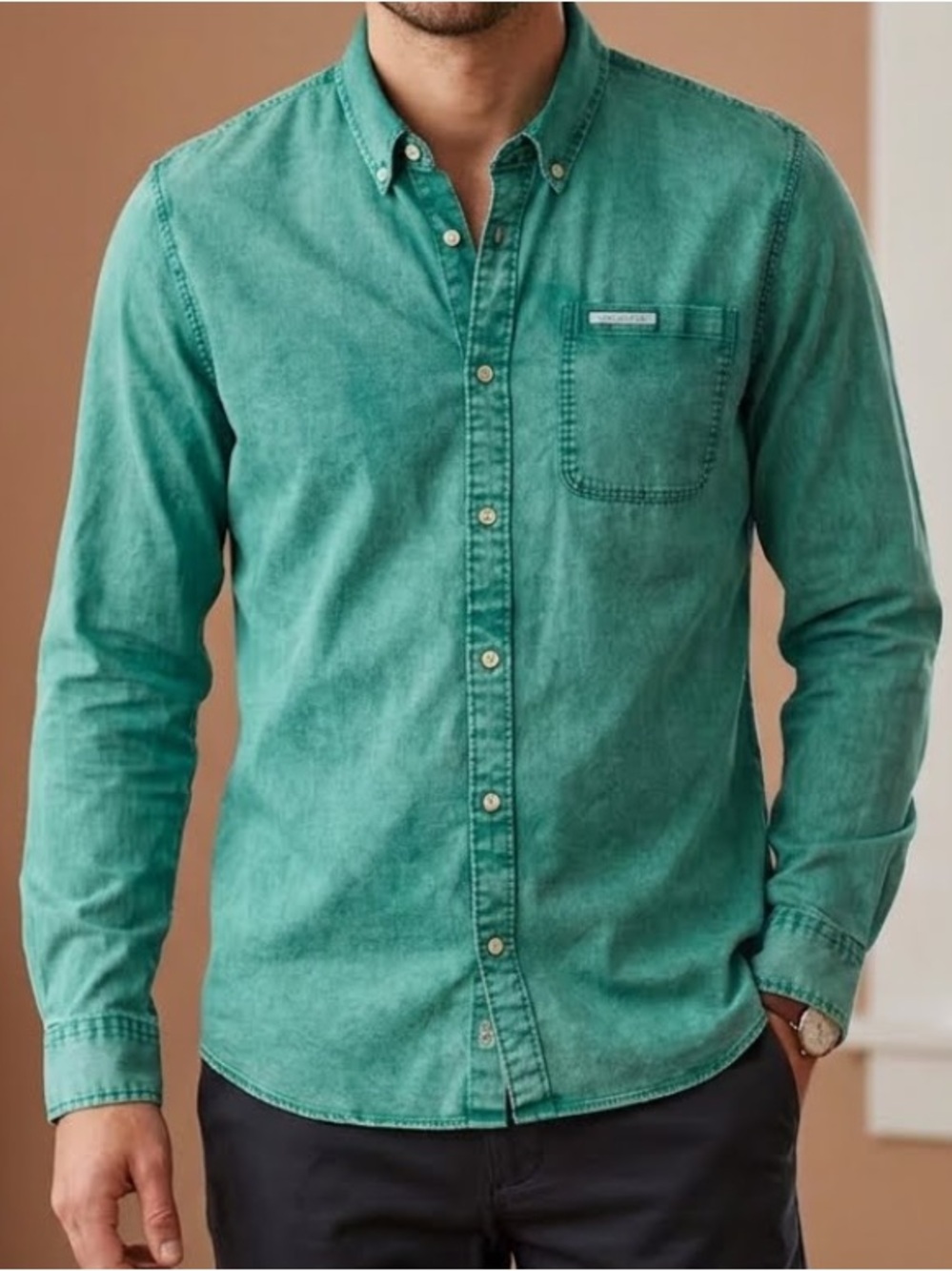 SCOTCH & SODA Amsterdam Acid Wash Denim Shirt Green Cotton Button Down Large